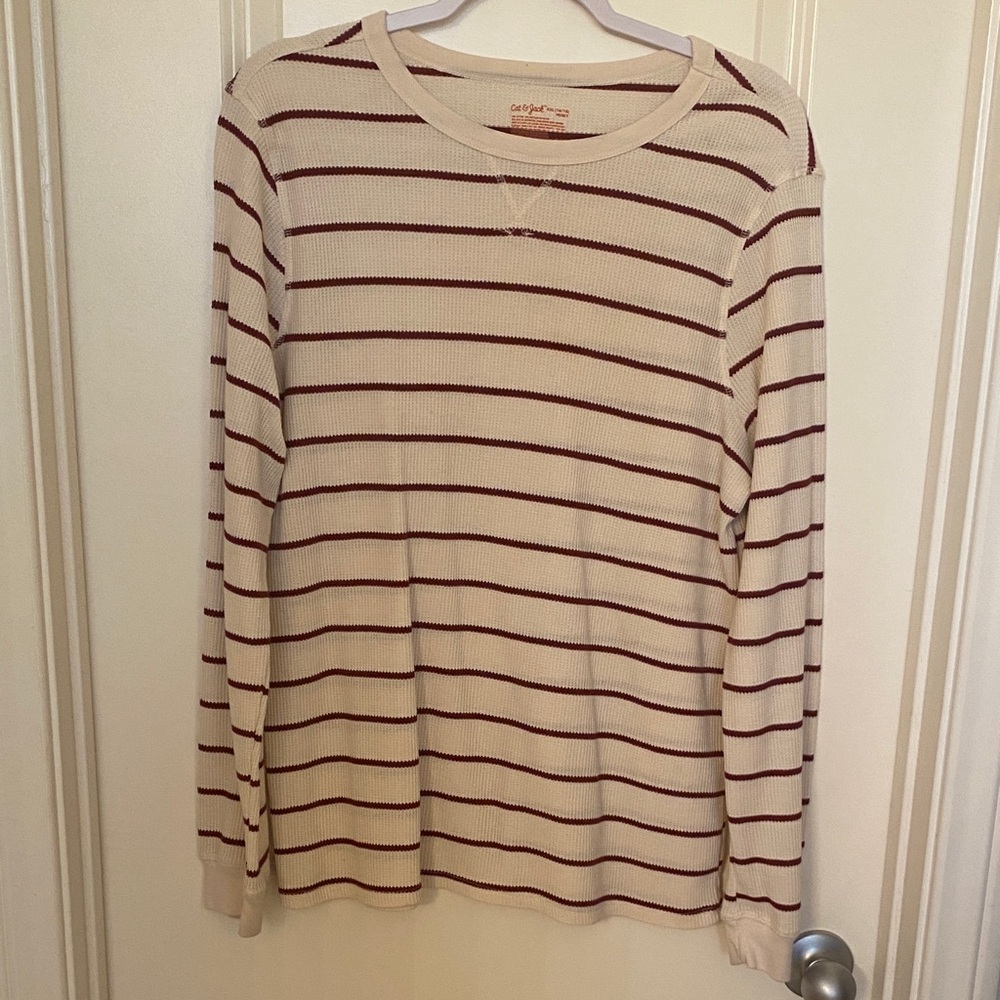 Cat & Jack Cream and Burgundy Striped Long Sleeve Tee